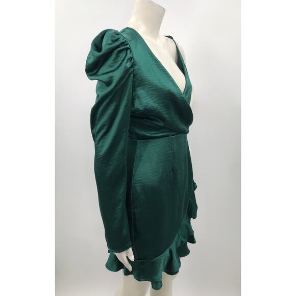 Lulus Green Satin One Shoulder Puff Sleeve Ruffle Trim Mini Dress L Party - Picture 5 of 10